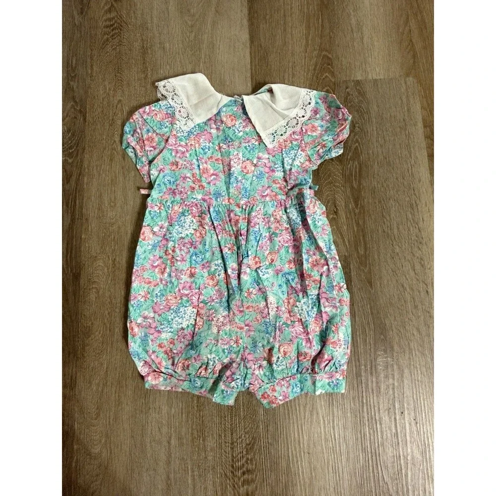 Vintage Sweet Colors Girls Toddler Romper Size 4T Floral White Collar 80s 90s